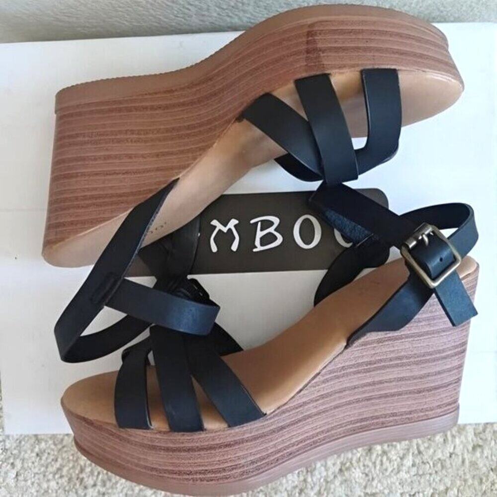 Bamboo Y2K Black Tan Wedge Sandals 6.5 EUC - Picture 3 of 9